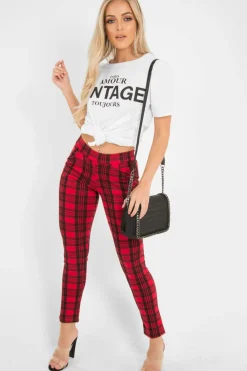 Rebellious Fashion Red Check High Waist Slim Fit Trousers - Sashya