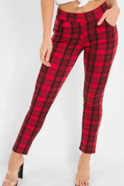 Rebellious Fashion Red Check High Waist Slim Fit Trousers - Sashya