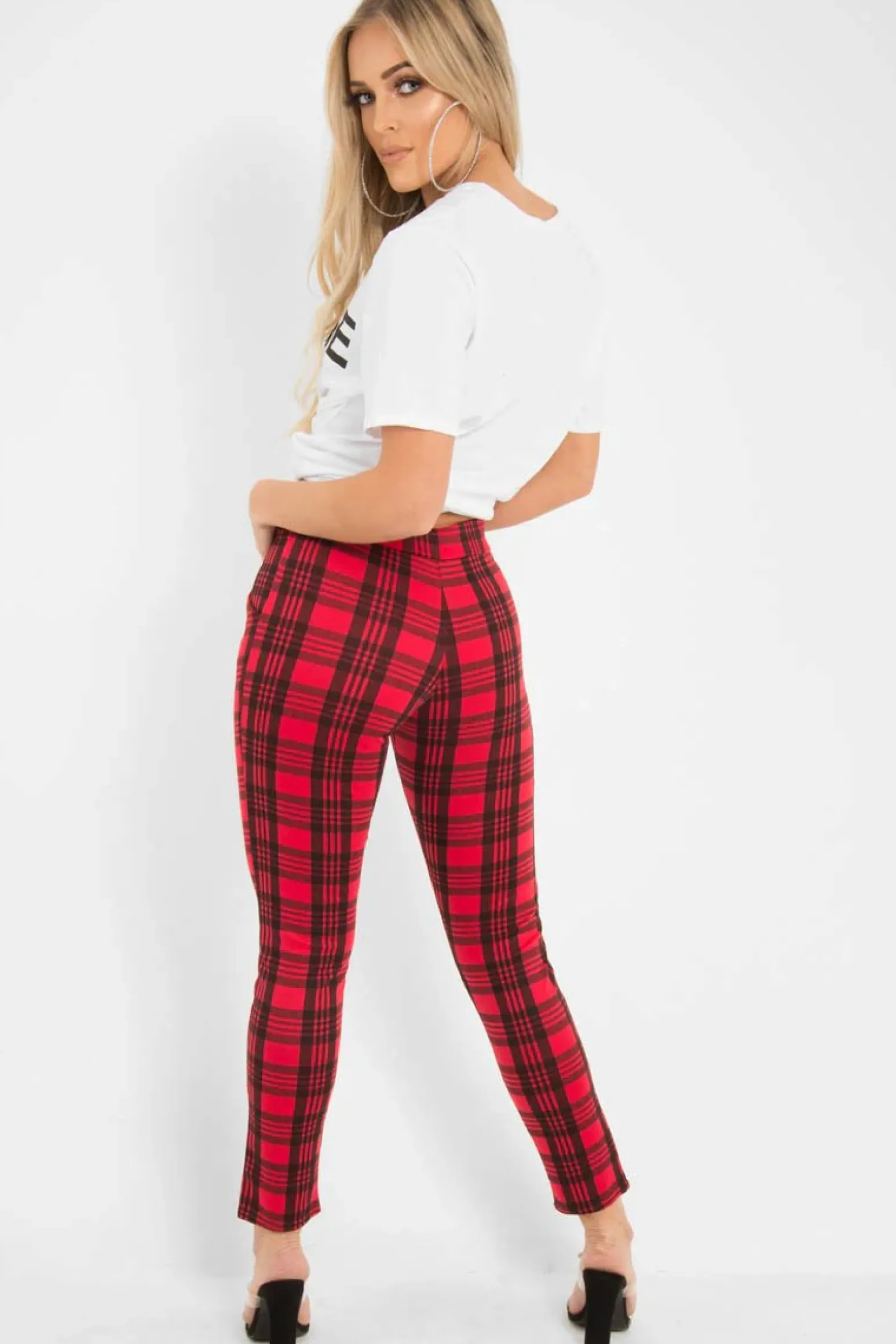Rebellious Fashion Red Check High Waist Slim Fit Trousers - Sashya