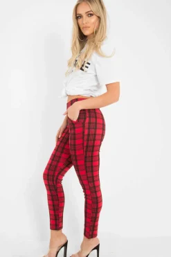 Rebellious Fashion Red Check High Waist Slim Fit Trousers - Sashya