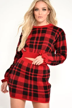 Rebellious Fashion Red Check Knit Mini Skirt - Crissy
