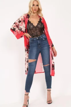 Rebellious Fashion Red Chiffon Floral Kimono - Suriah