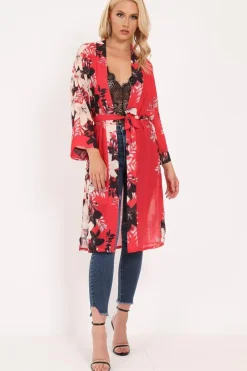 Rebellious Fashion Red Chiffon Floral Kimono - Suriah