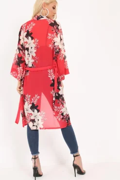 Rebellious Fashion Red Chiffon Floral Kimono - Suriah
