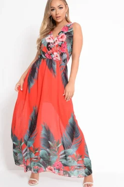 Rebellious Fashion Red Chiffon Leaf Print Plunge Maxi Dress - Marlin