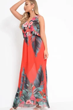 Rebellious Fashion Red Chiffon Leaf Print Plunge Maxi Dress - Marlin