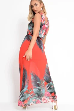 Rebellious Fashion Red Chiffon Leaf Print Plunge Maxi Dress - Marlin