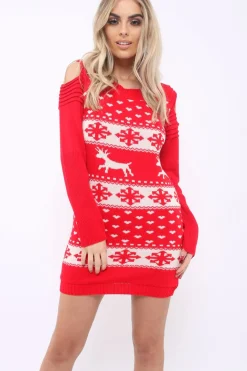 Rebellious Fashion Red Christmas Print Jumper Dress - Kleo