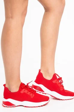 Rebellious Fashion Red Chunky Cleated Sole Knit Trainers - Marzia
