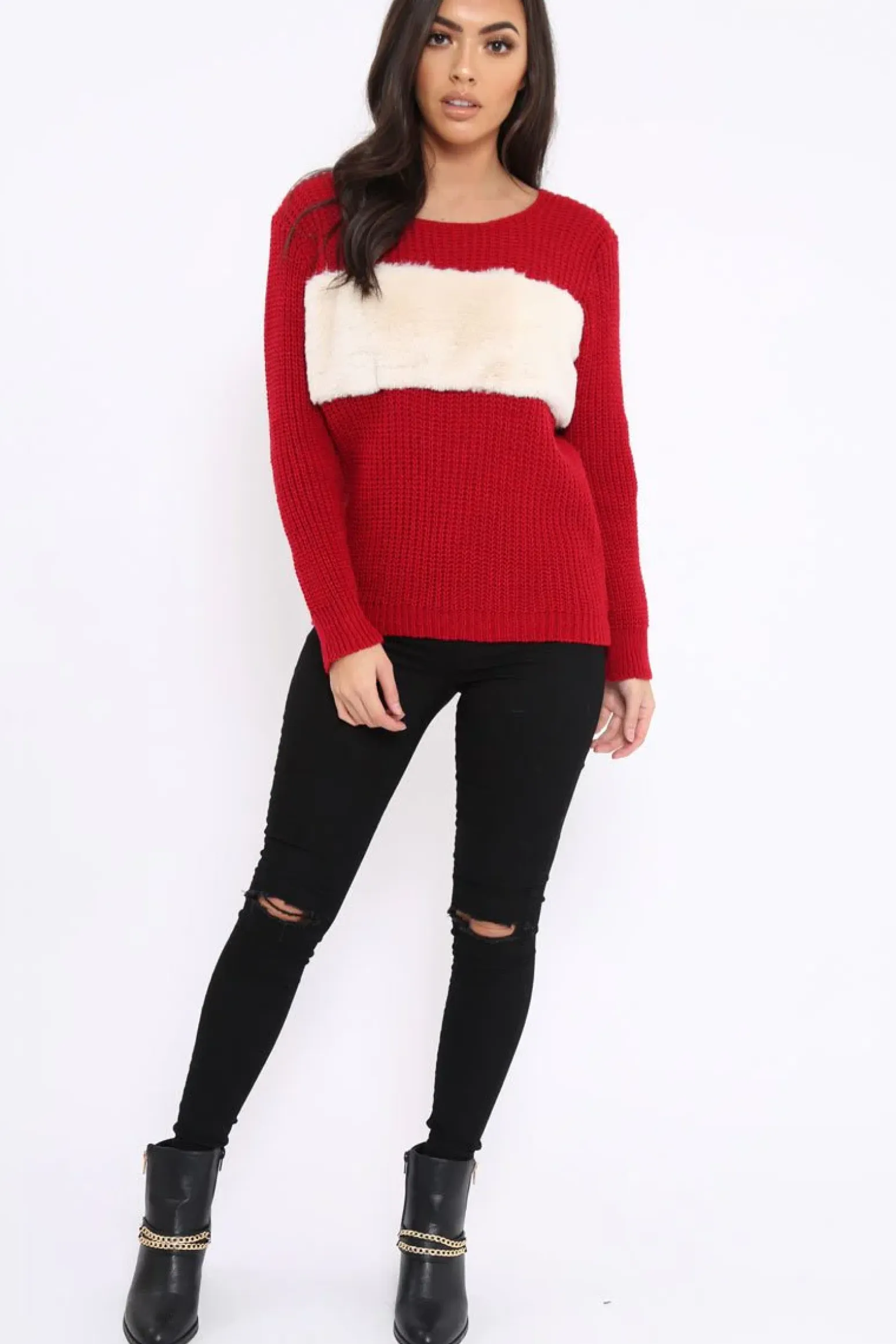 Rebellious Fashion Red Chunky Knit Faux Fur Front Panel Jumper - Ophelia