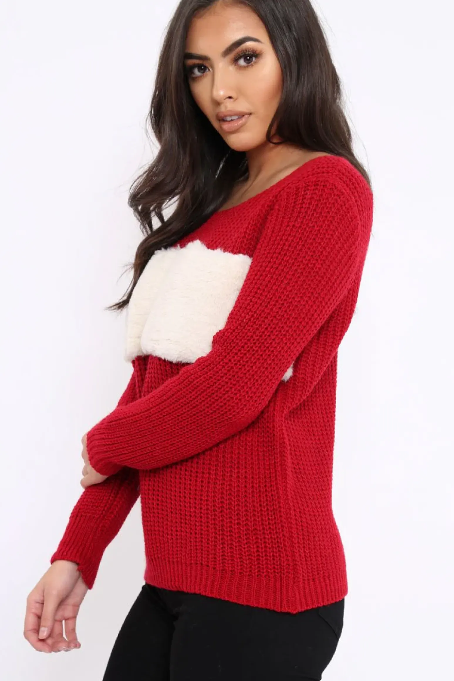 Rebellious Fashion Red Chunky Knit Faux Fur Front Panel Jumper - Ophelia
