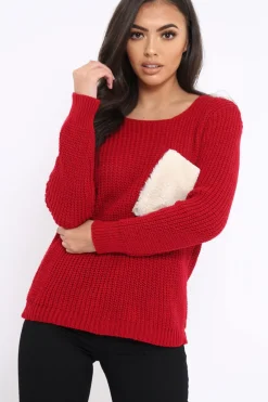 Rebellious Fashion Red Chunky Knit Fur Pocket Jumper - Alois