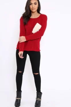 Rebellious Fashion Red Chunky Knit Fur Pocket Jumper - Alois
