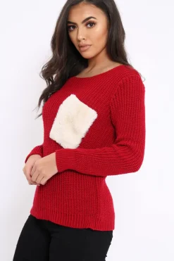 Rebellious Fashion Red Chunky Knit Fur Pocket Jumper - Alois