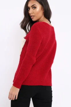 Rebellious Fashion Red Chunky Knit Fur Pocket Jumper - Alois