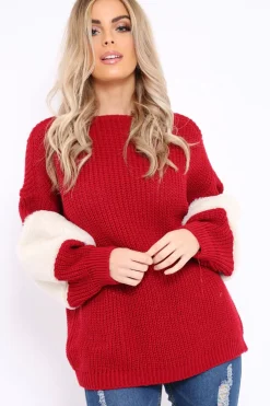 Rebellious Fashion Red Chunky Knit Fur Sleeve Jumper - Kimberly