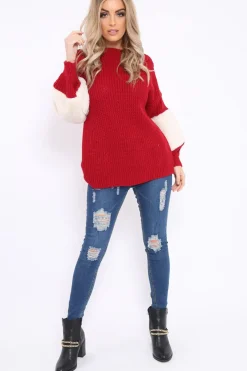 Rebellious Fashion Red Chunky Knit Fur Sleeve Jumper - Kimberly