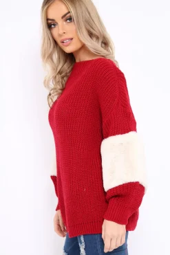 Rebellious Fashion Red Chunky Knit Fur Sleeve Jumper - Kimberly