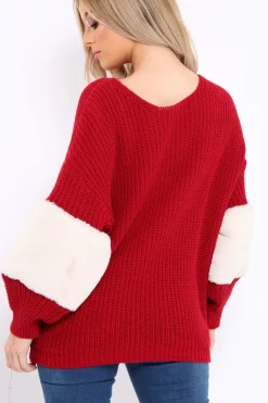 Rebellious Fashion Red Chunky Knit Fur Sleeve Jumper - Kimberly