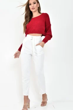 Rebellious Fashion Red Chunky Knit V Back Crop Jumper - Priscilla