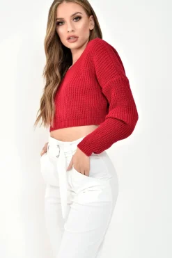 Rebellious Fashion Red Chunky Knit V Back Crop Jumper - Priscilla