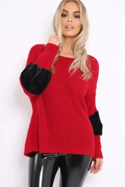 Rebellious Fashion Red Chunky Knit With Black Fur Sleeve Jumper - Kimberly