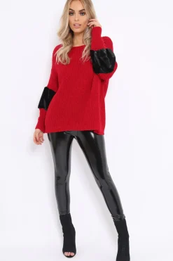 Rebellious Fashion Red Chunky Knit With Black Fur Sleeve Jumper - Kimberly