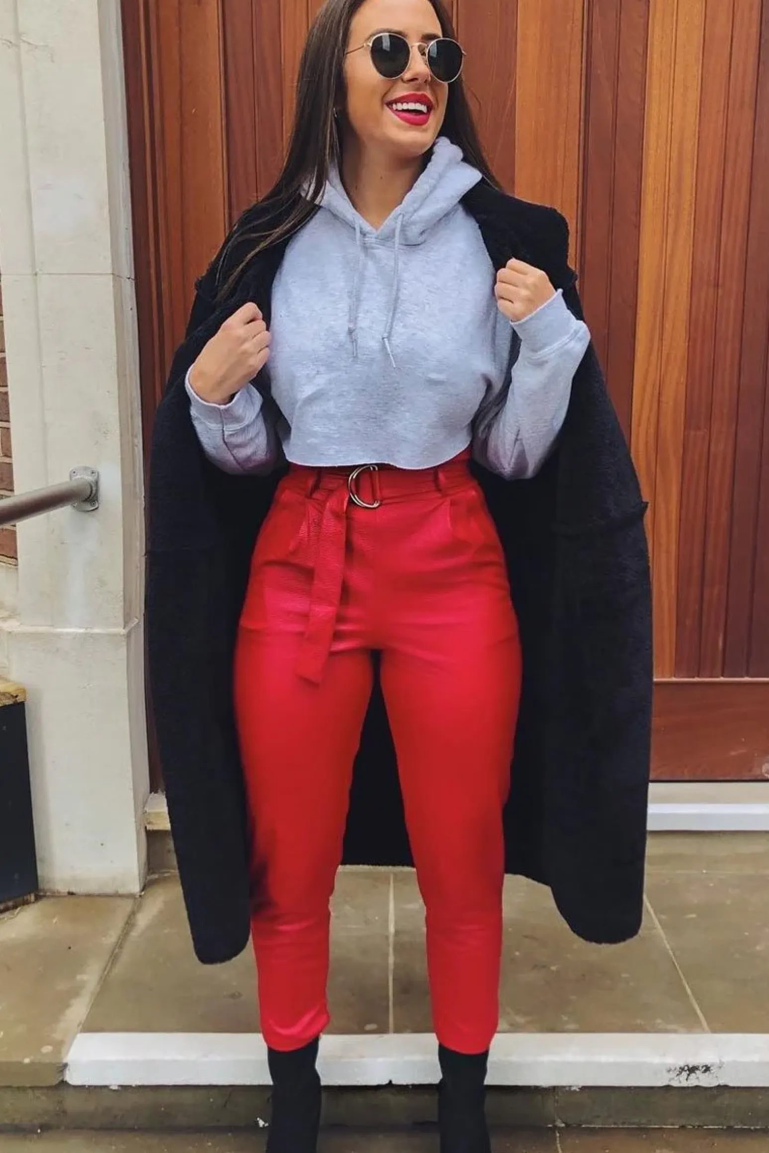 Rebellious Fashion Red Coated Belted Tapered Trousers - Reyna