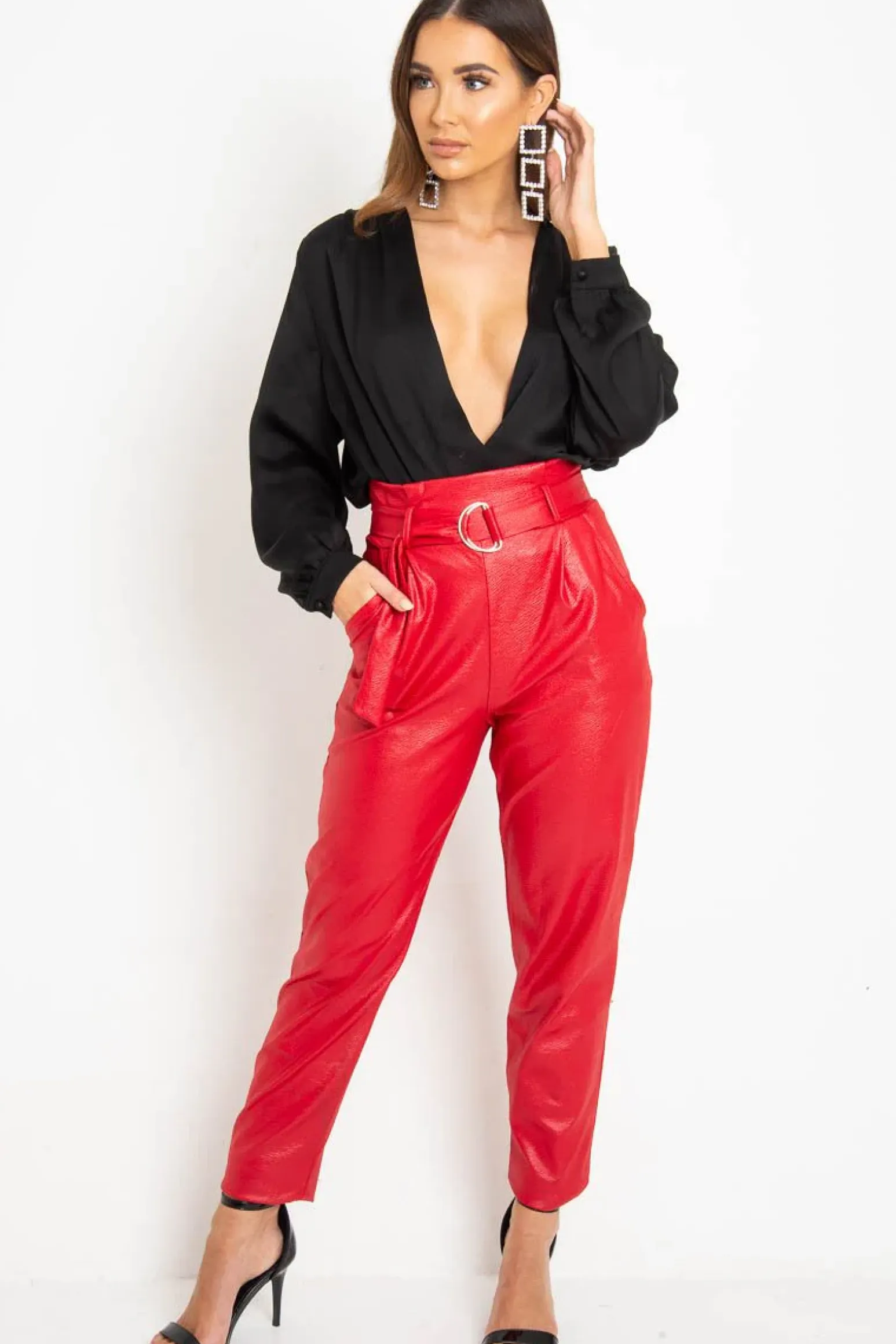Rebellious Fashion Red Coated Belted Tapered Trousers - Reyna