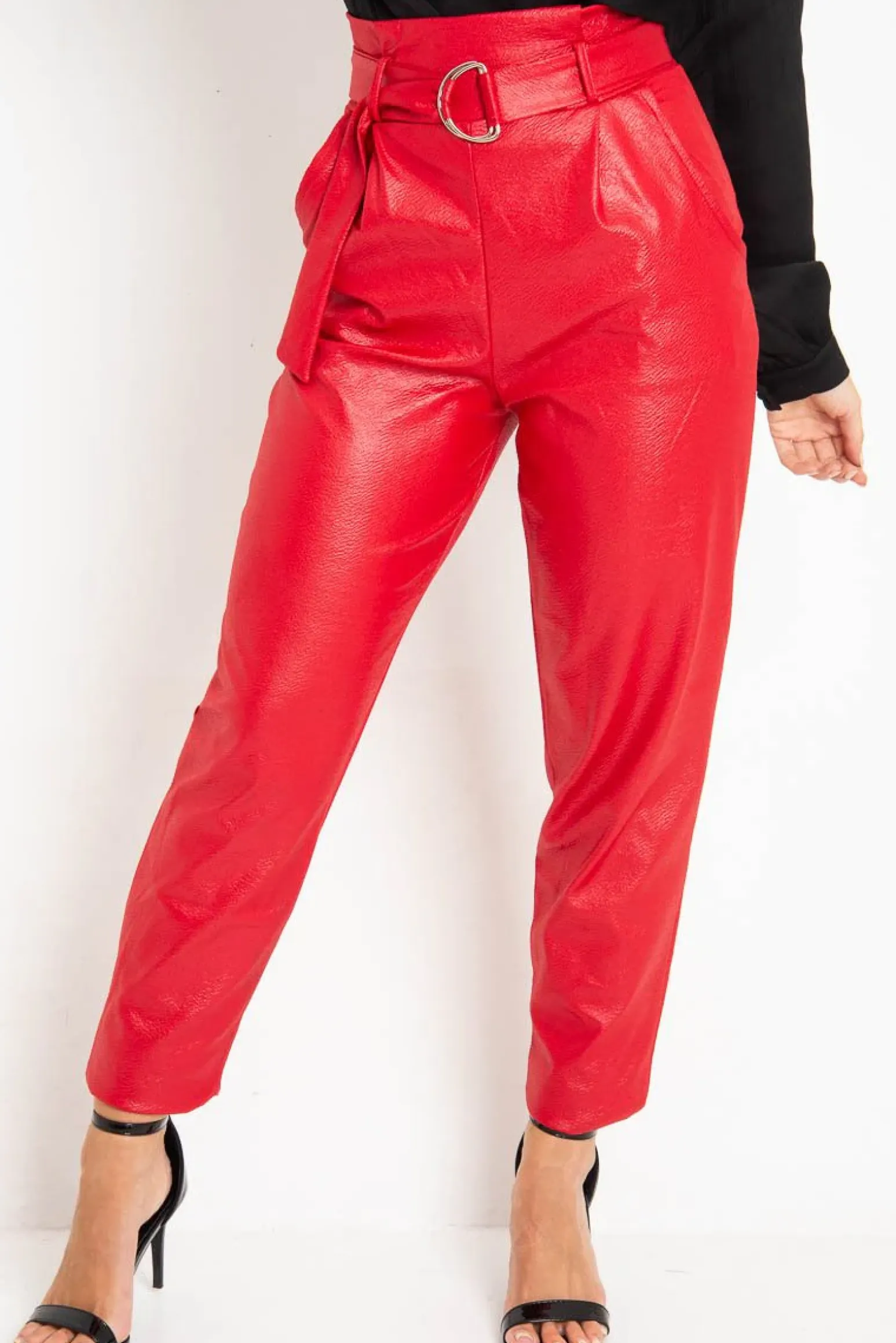 Rebellious Fashion Red Coated Belted Tapered Trousers - Reyna