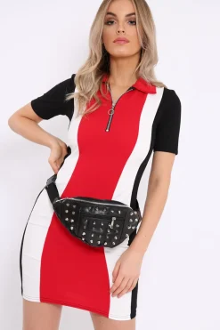 Rebellious Fashion Red Colour Block Zip Front Collard Dress -Steavie