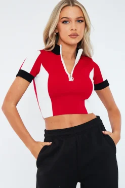 Rebellious Fashion Red Contrast Knit Zip Up Crop Top - Brean