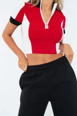 Rebellious Fashion Red Contrast Knit Zip Up Crop Top - Brean