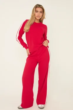 Rebellious Fashion Red Contrast Stripe Round Neck Long Sleeves Top & Straight Leg Trousers Co-ord Set - Ursula