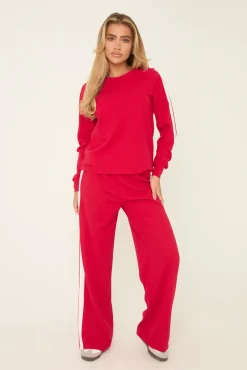 Rebellious Fashion Red Contrast Stripe Round Neck Long Sleeves Top & Straight Leg Trousers Co-ord Set - Ursula