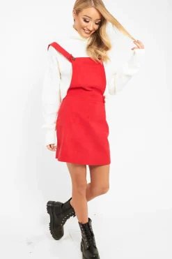 Rebellious Fashion Red Corduroy Pinafore Dungaree Dress - Ayona