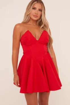 Rebellious Fashion Red Corset Detail Gathered Mini Dress - Mase