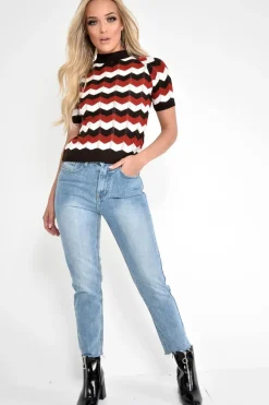 Rebellious Fashion Red Cream Brown Chevron Knit Top - Rosaleah