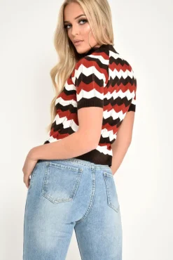 Rebellious Fashion Red Cream Brown Chevron Knit Top - Rosaleah