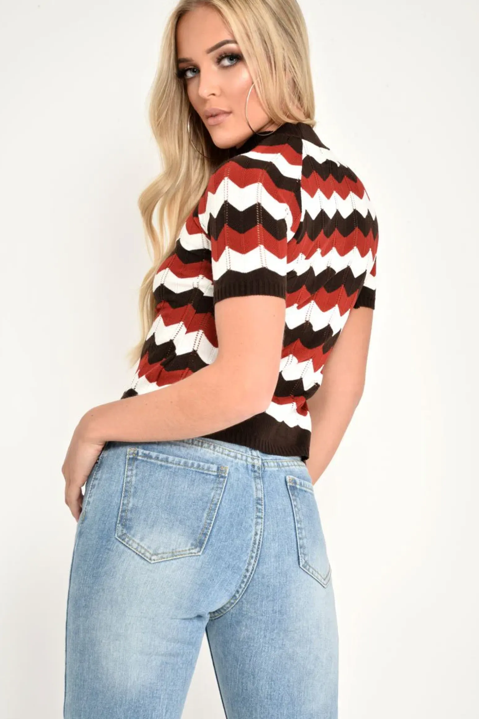 Rebellious Fashion Red Cream Brown Chevron Knit Top - Rosaleah