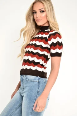 Rebellious Fashion Red Cream Brown Chevron Knit Top - Rosaleah