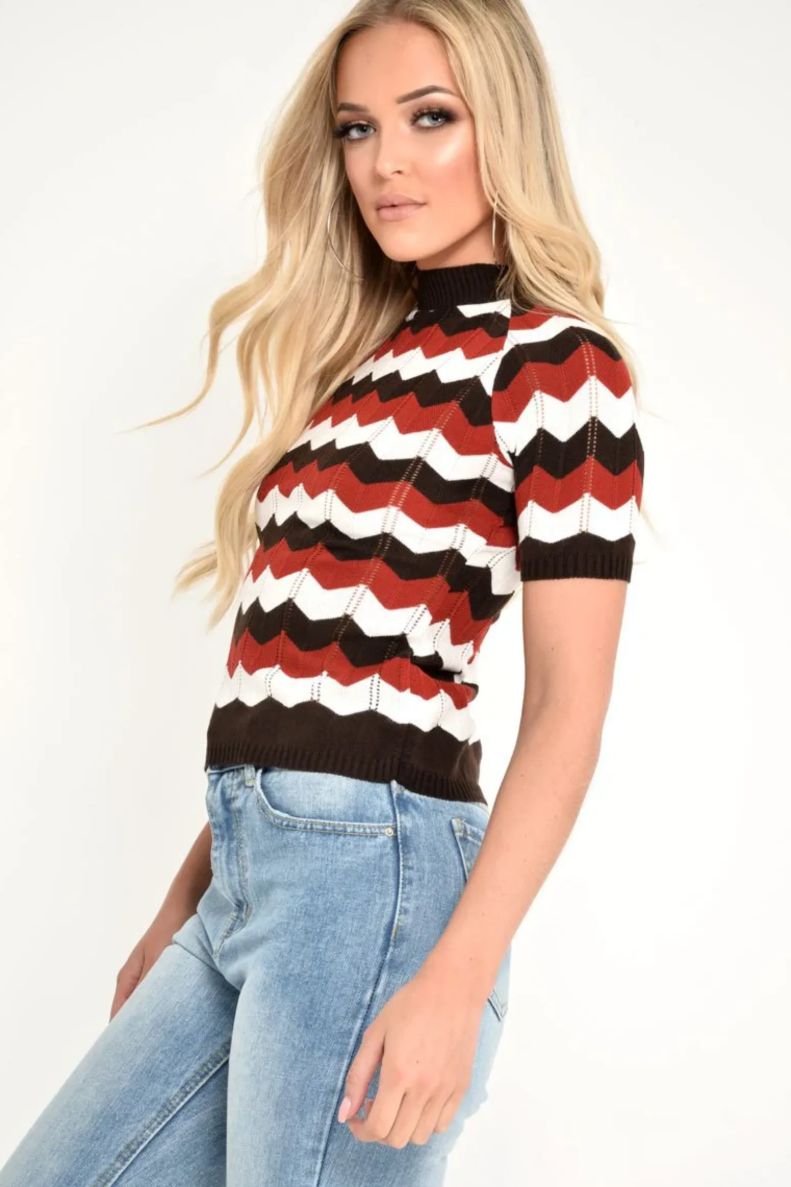 Rebellious Fashion Red Cream Brown Chevron Knit Top - Rosaleah
