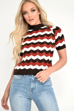 Rebellious Fashion Red Cream Brown Chevron Knit Top - Rosaleah