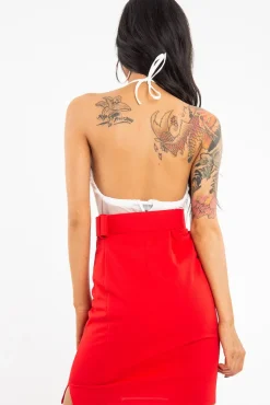 Rebellious Fashion Red Crepe Belted Bodycon Mini Skirt - Raven
