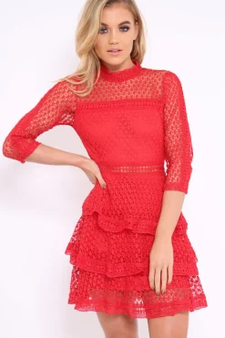 Rebellious Fashion Red Crochet Tier Dress - Keiana
