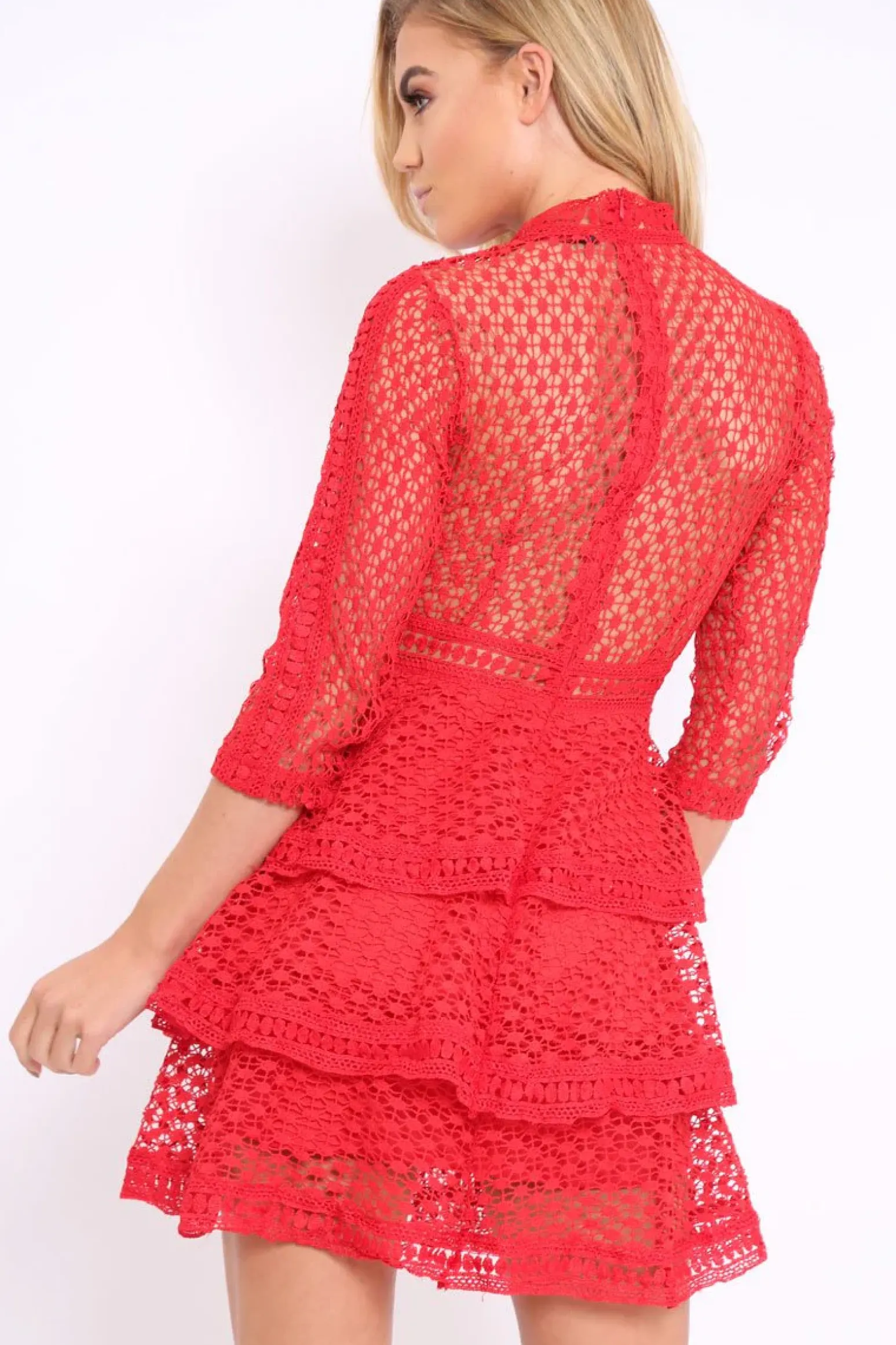 Rebellious Fashion Red Crochet Tier Dress - Keiana