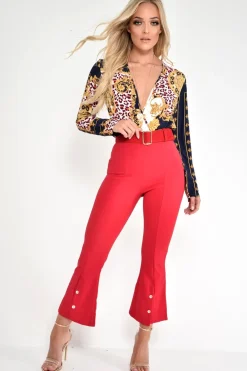 Rebellious Fashion Red Cropped Bell Button Bottom Trousers - Daisie