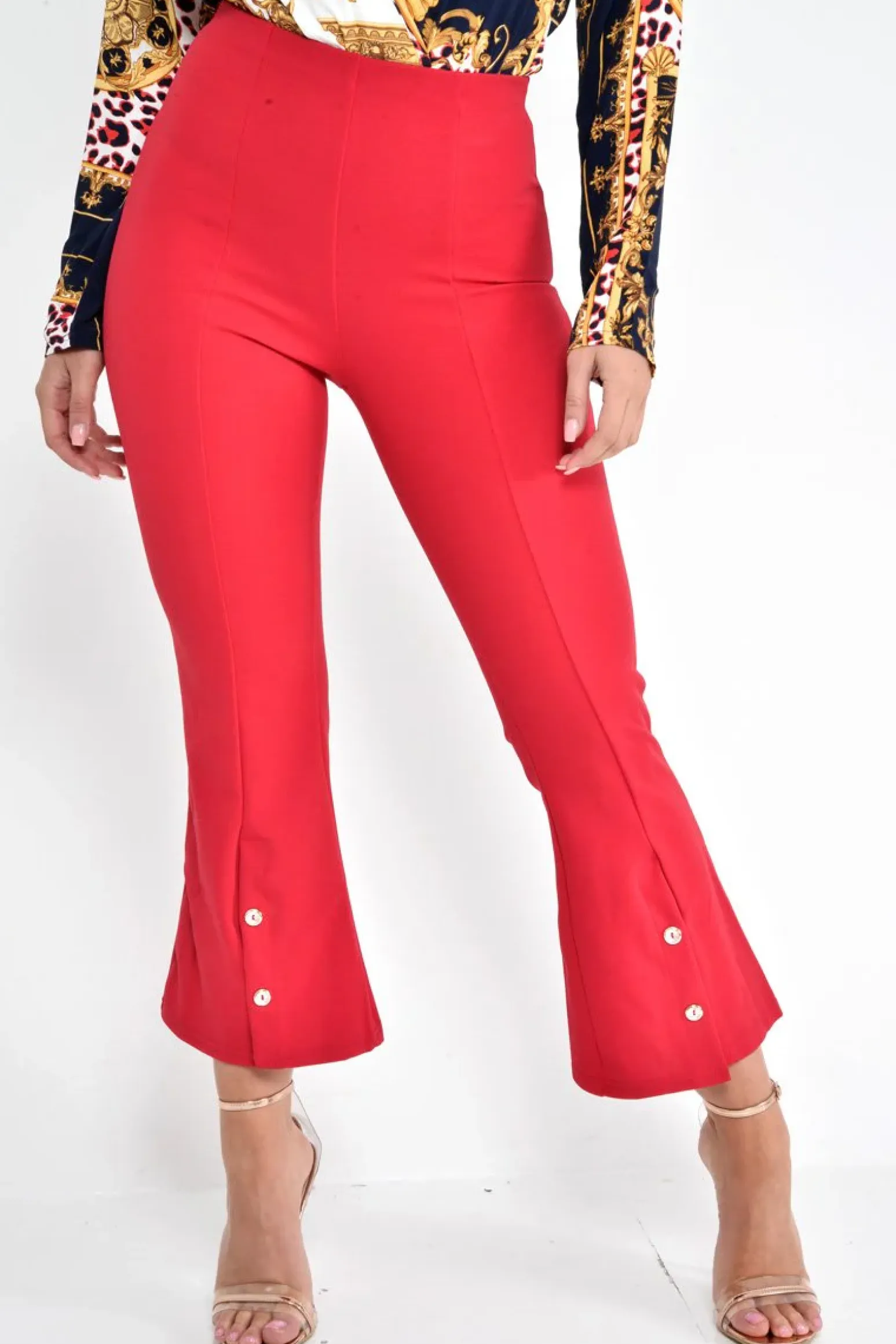 Rebellious Fashion Red Cropped Bell Button Bottom Trousers - Daisie