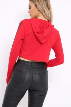 Rebellious Fashion Red Cropped Hoodie with Striped Trim - Essie