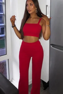 Rebellious Fashion Red Crop Top and Trousers Co-ord Set - Kimmy